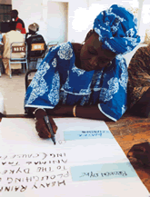 Female farmer discusses water problems in the village and develops solutions with other residents